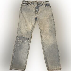 Abercrombie & Fitch High Rise Light Blue Raw Hem Knee Slit Jeans